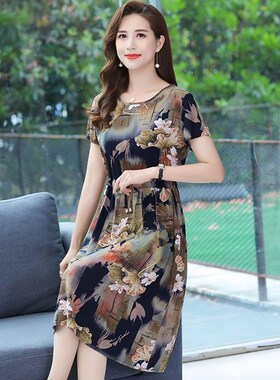妈妈夏装棉绸e中长款连衣裙子过膝宽松2024新款休闲潮流洋气50岁
