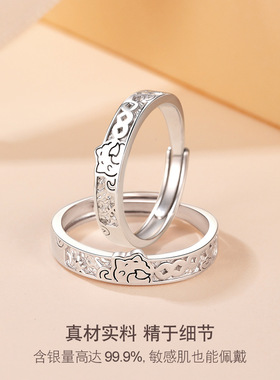 可爱招财猫情侣对戒纯银S999小众设计卡通萌趣滴胶对戒开口可调节