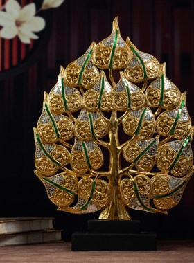 菩提叶实木摆件桌面玄关祈福装A饰用品原木雕刻泰式风格工艺发财