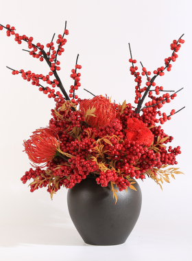 新中式新年仿真花针垫花红果喜庆发财果陶L瓷花瓶玄关餐厅大厅摆