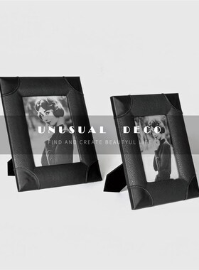 欧式轻奢黑色米白牛皮相框托盘时钟烟灰缸样O板间书房办公桌摆件