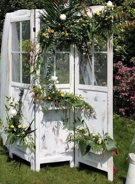 田园覆古折叠屏风实木玄关隔断花架橱窗镂空服装店落X地式婚庆道