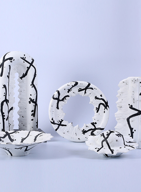 新中式现代d样板间手绘黑白陶瓷果盘摆件酒店客厅玄关简约雕塑装