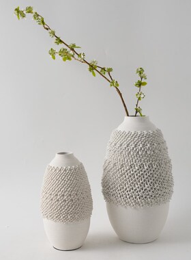 现代简约新中式3D打印陶瓷灰白色麻F点花瓶摆件家居样板间干花花