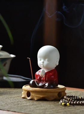 新中式禅趣e小和尚精品陶瓷工艺品摆件书房卧室玄关桌面办公室装