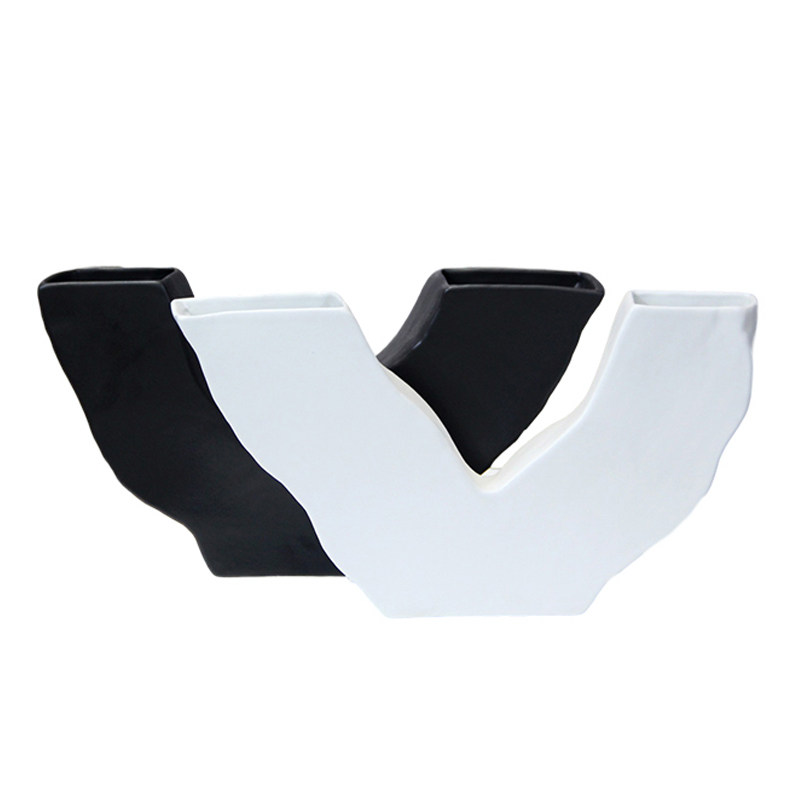 现代简约V字形黑白陶瓷花瓶摆件C样板房客厅酒柜办公桌干花插装饰,淘宝优惠券,粉丝福利购,淘宝优惠卷