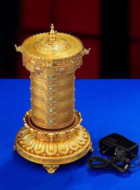 藏式纯铜转金筒电动转动t筒摆件六字转轮龙头天珠插电电动转轮