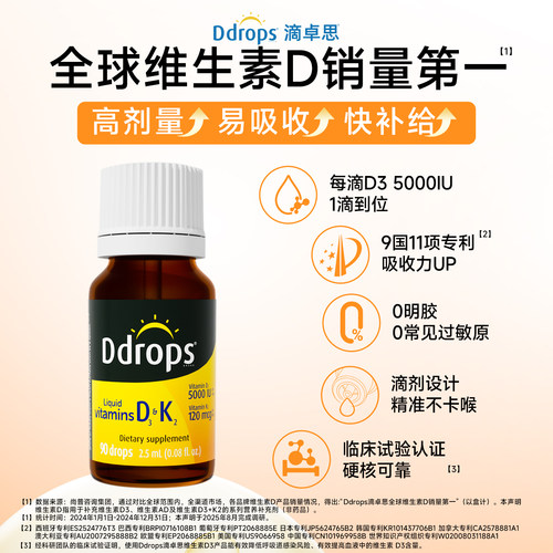 Ddrops滴卓思5000iu维生素D3K2成人VD3备孕阳光滴瓶活性维他命D3 - 图1