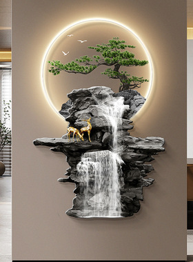 流水生财玄关装饰画带灯新中式麋鹿走廊过道挂件画迎客松发光壁饰