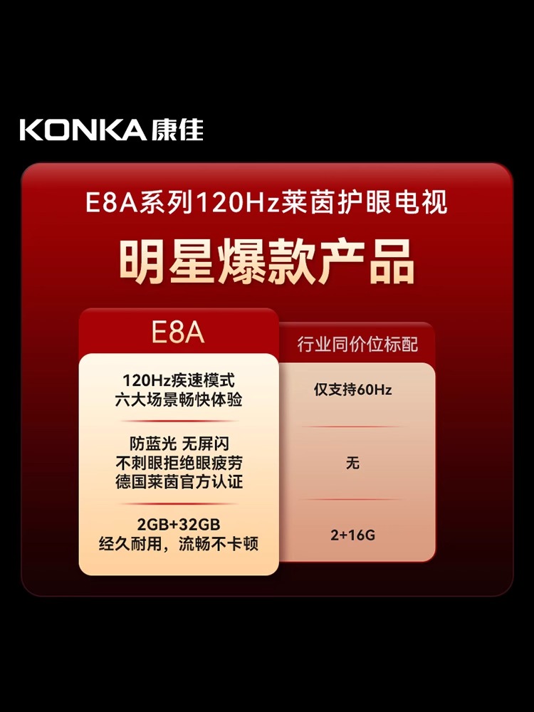 康佳电视65英寸120HZ高刷护眼智能语音4K家用液晶平板电视机65E8A