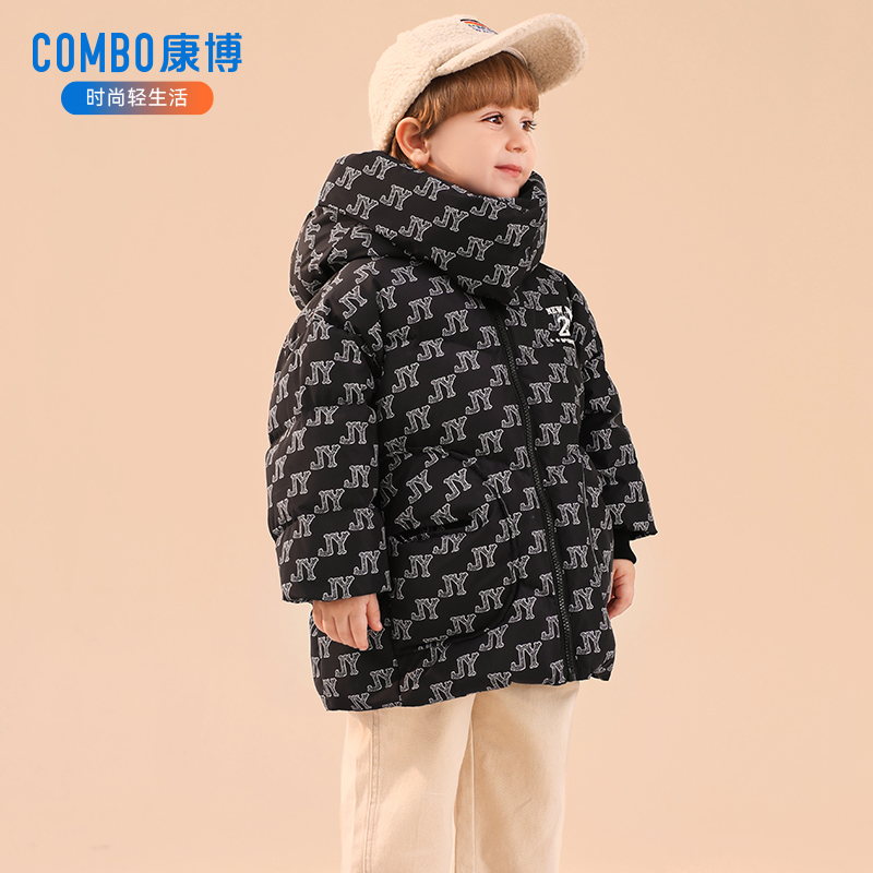 康博男童羽绒服中长款宝宝可爱新款连帽加厚保暖外套洋气冬装童装