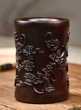 黑檀雕刻中式覆古笔筒红木文房四宝书房办公桌面S笔筒文具收纳摆