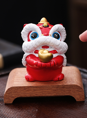 招财摆件红色醒狮舞狮桌面摆件装饰品工艺品招财进宝木质底座收藏
