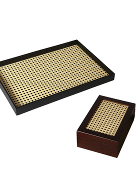 现代新中式棕f色实木藤编方形托盘软装饰品收纳盒家居客厅餐桌摆