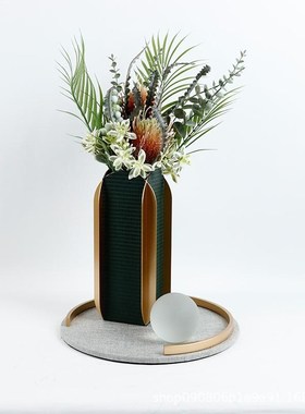 现代家居装饰皮革金属花r器托盘摆件样板间软装饰品客厅卧室插花