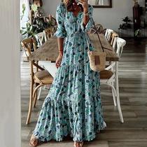 Women Floral Print Long Dress Summer Casual V-Neck Half Slee