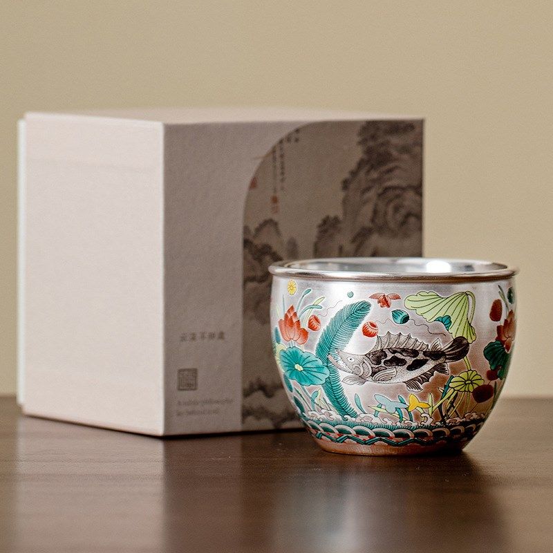 鱼藻纹鎏a银缸杯大容量主人杯茶杯家用功夫茶具中式个人杯礼盒装,淘宝优惠券,粉丝福利购,淘宝优惠卷