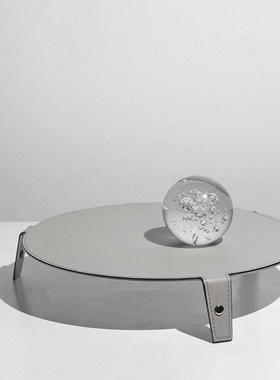 现代简约银色皮质金属圆形u托盘样板间售楼处客厅茶几桌面软装饰