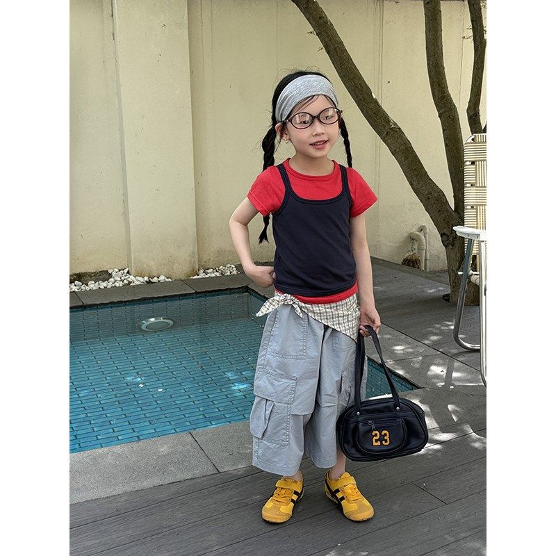 新款女童韩版设计感叠穿撞色可拆分短袖T恤儿童宽松休闲吊带背心,淘宝优惠券,粉丝福利购,淘宝优惠卷