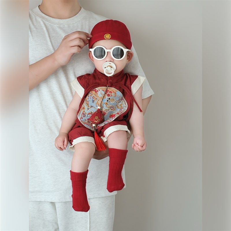 男宝宝生日宴衣服夏天婴儿连体衣25国风抓周爬服夏季百天幼儿礼服,淘宝优惠券,粉丝福利购,淘宝优惠卷