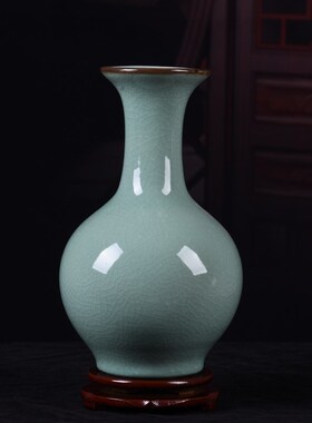 陶瓷花瓶摆件 仿古s官窑裂纹绿色古典花瓶 家居装饰摆件
