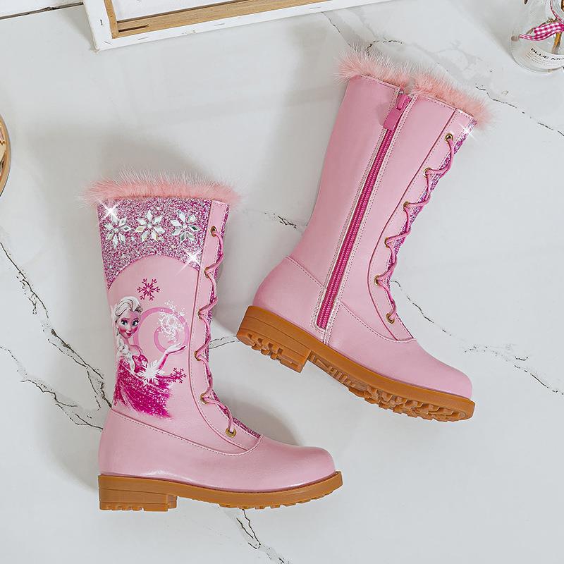 冬季女童艾莎公主靴加绒保暖雪地靴高筒女宝宝高跟靴韩版时装棉靴