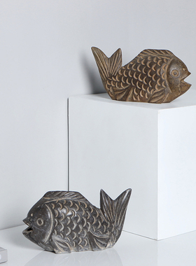 天然石雕石头鱼摆件新中式样板房客厅G玄关书房博古架家居软装饰