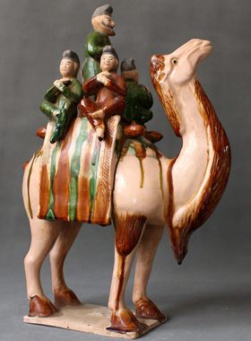 仿古唐三彩骆驼载乐俑陶r瓷摆件做旧古典收藏家居艺术装饰品五人