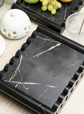 侘寂风画墨大理石托盘摆件新x中式软装样板间客厅书房桌面装饰品