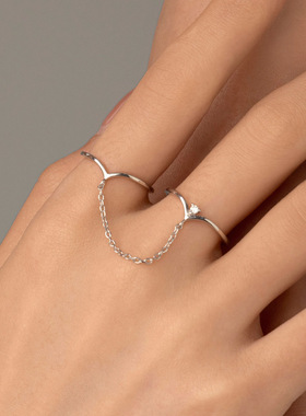 【潮典】S925银双环链条组合戒指女ins时尚一体式个性开口食指戒