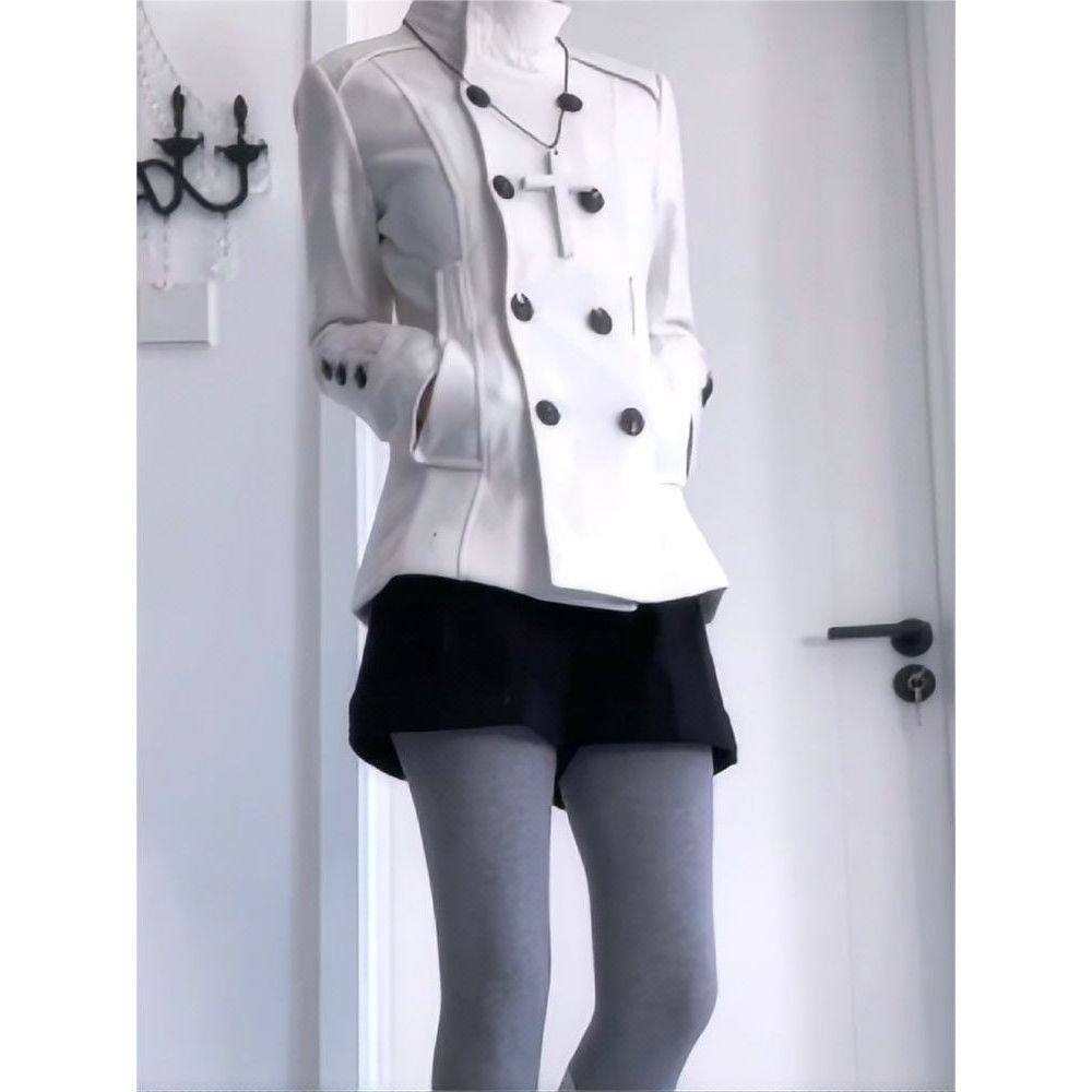 【白调暗契】白色双排扣外套短裤套装女秋冬哥特风显瘦气质两件套,淘宝优惠券,粉丝福利购,淘宝优惠卷