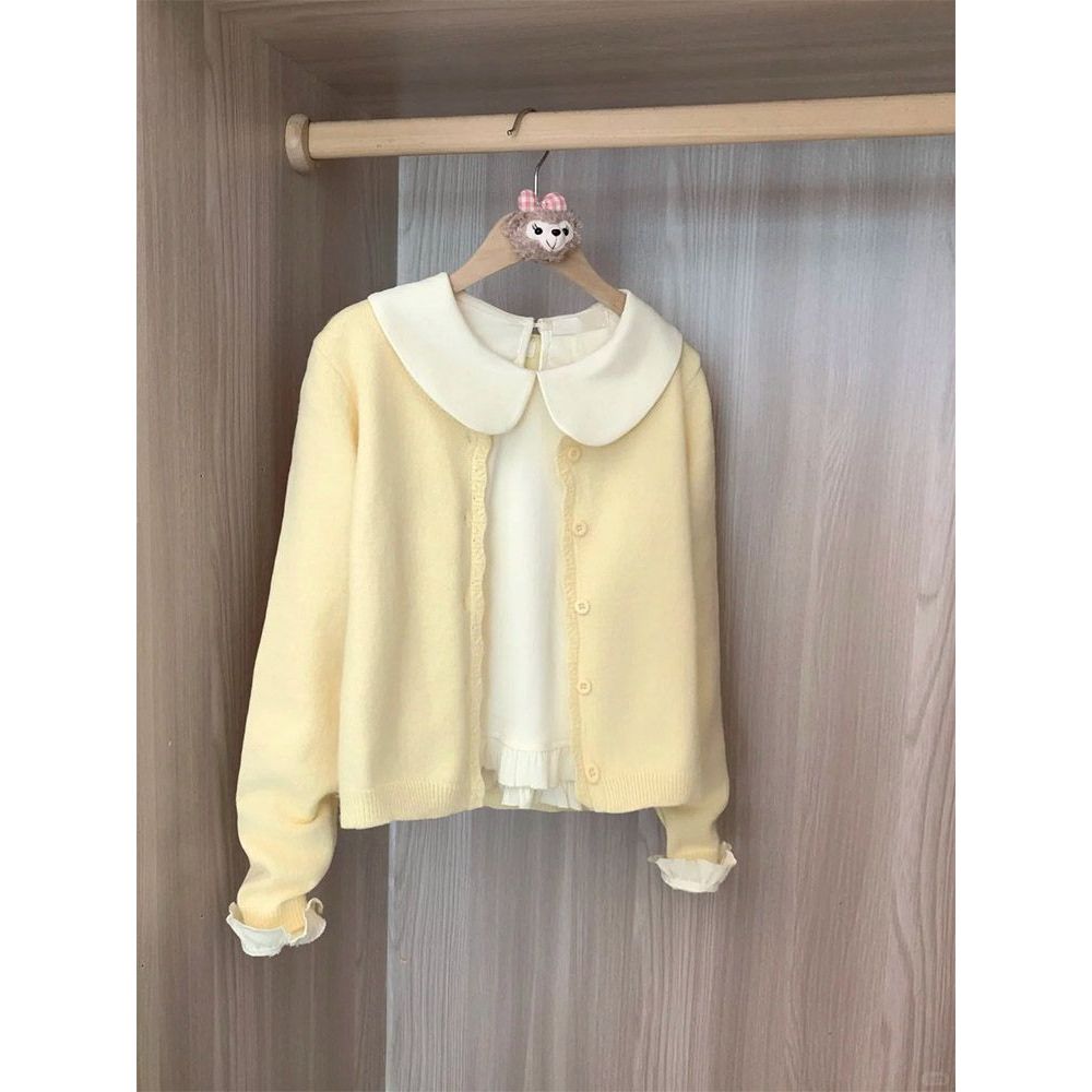 芝士奶酪 早秋韩系温柔甜美娃娃领长袖上衣+黄色针织开衫两件套装 - 图1