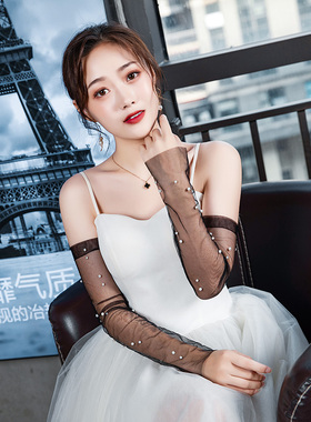 新品复古礼服长手套女网纱薄款写真拍照年会派对酒会W晚宴旗袍黑