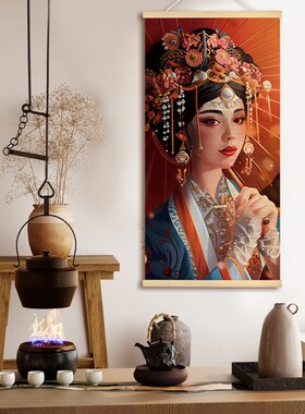 新品中式竹帘e卷轴挂画民宿茶室背景墙国潮古风装饰画玄关客厅竹