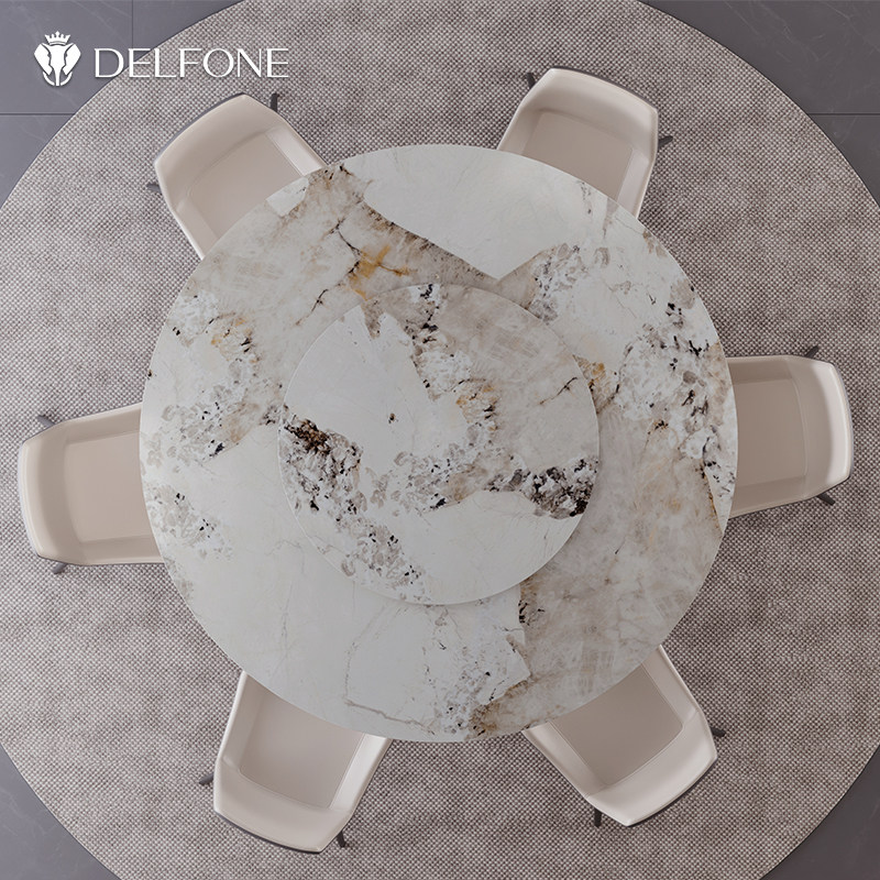 德利丰轻奢意式餐厅带转盘圆桌岩板餐桌不锈钢锥形底座餐椅组合,淘宝优惠券,粉丝福利购,淘宝优惠卷