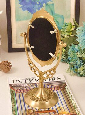 化妆镜镜子化妆复古镜镜仿古摆件结婚进口间卧室装饰纯铜欧式黄铜
