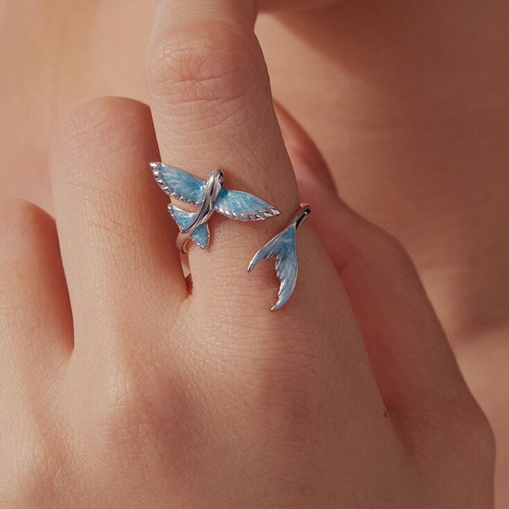 Original blue smart flying fish open ring s925 sterling silver platinum plated personalized animal adjustable ring