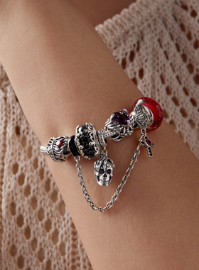 万圣节暗黑风s925纯银串珠配件个性骷髅头diy串珠手链配饰
