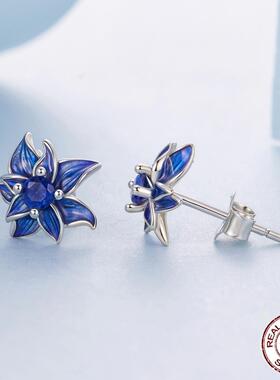 优雅蓝色莲花S925纯银耳钉戒指