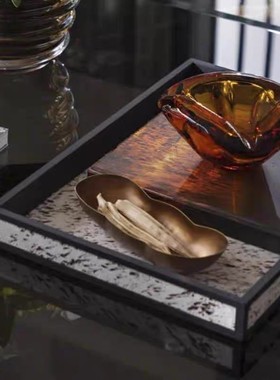 现代轻奢样板间展厅茶几装饰琉璃花器仿真花托盘果盘组合桌面摆件