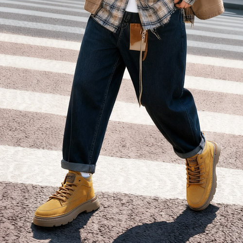 马克华菲高帮板鞋男款2025冬季新款厚底防滑户外登山鞋黄色休闲鞋 - 图3