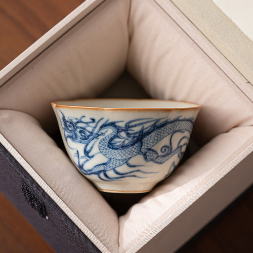 汝窑青龙纹花口杯单杯家用待客品茗杯陶瓷功夫茶具开片可养主人杯 - 图3