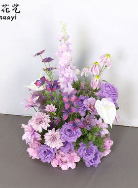 婚礼装饰紫色壁挂花艺KT板墙面摄影背景布置仿真绢花挂花地排花