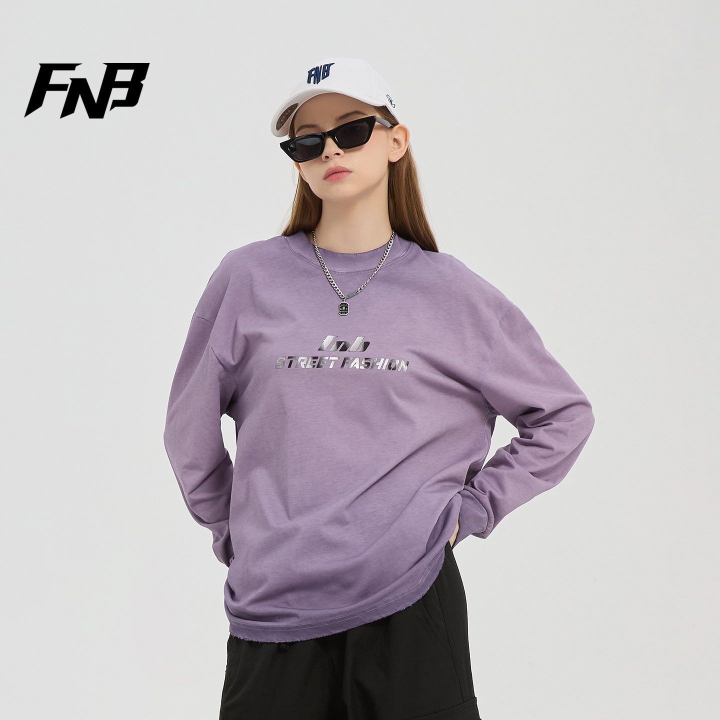 FNB美式潮牌长袖T恤男女同款2025秋季新款卫衣紫色百搭打底衫上衣 - 图1