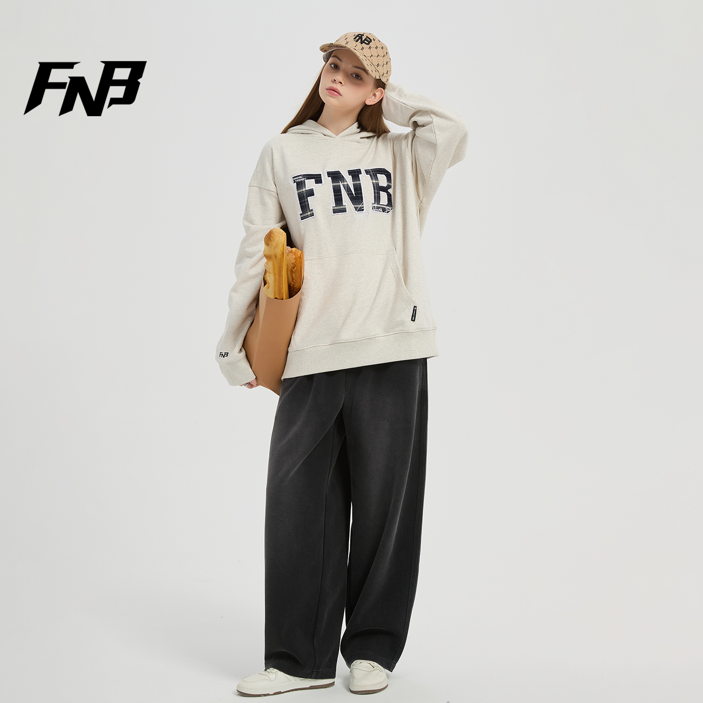 FNB美式潮牌连帽卫衣男女秋冬新款加厚字母刺绣重磅宽松套头上衣 - 图0