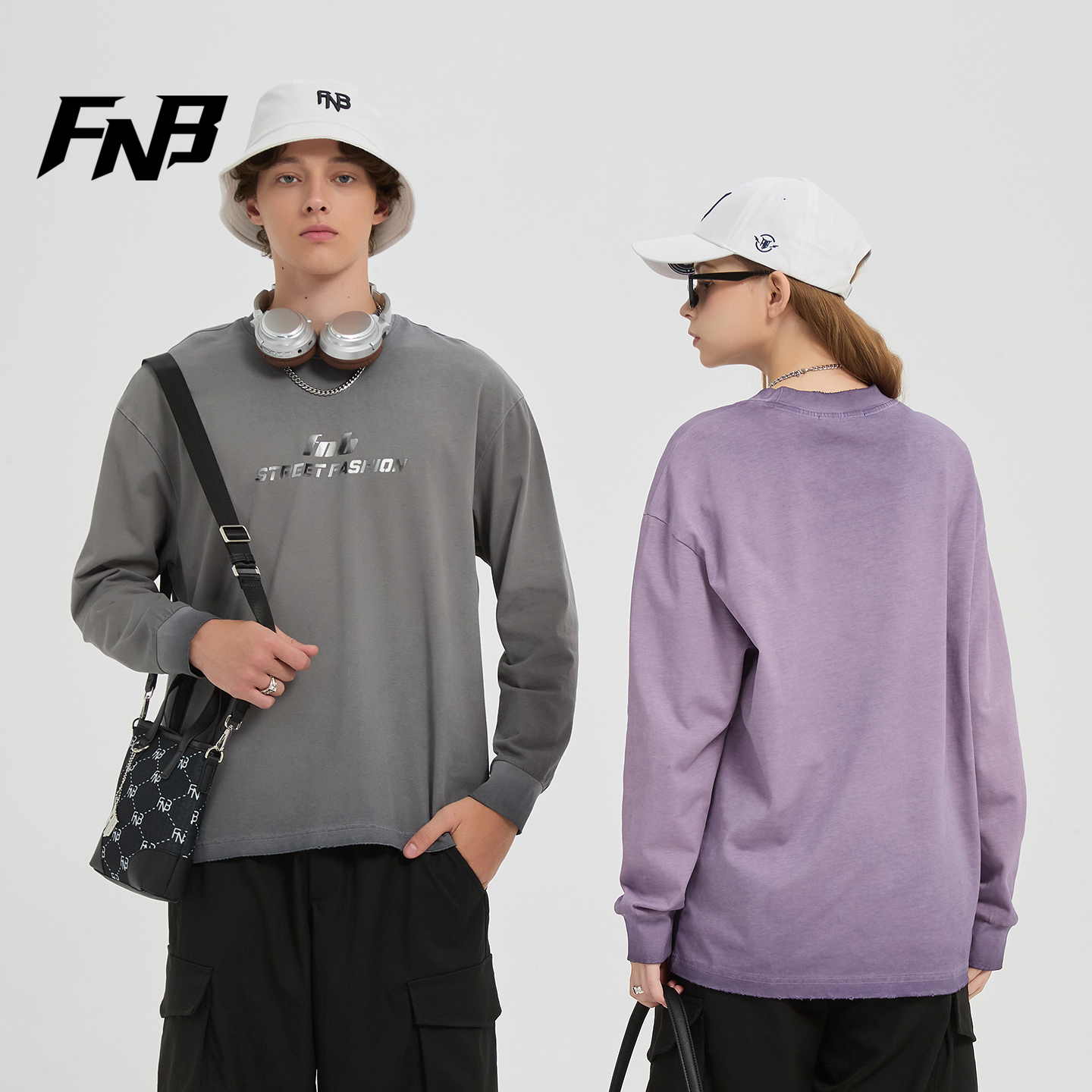 FNB美式潮牌长袖T恤男女同款2025秋季新款卫衣紫色百搭打底衫上衣 - 图2