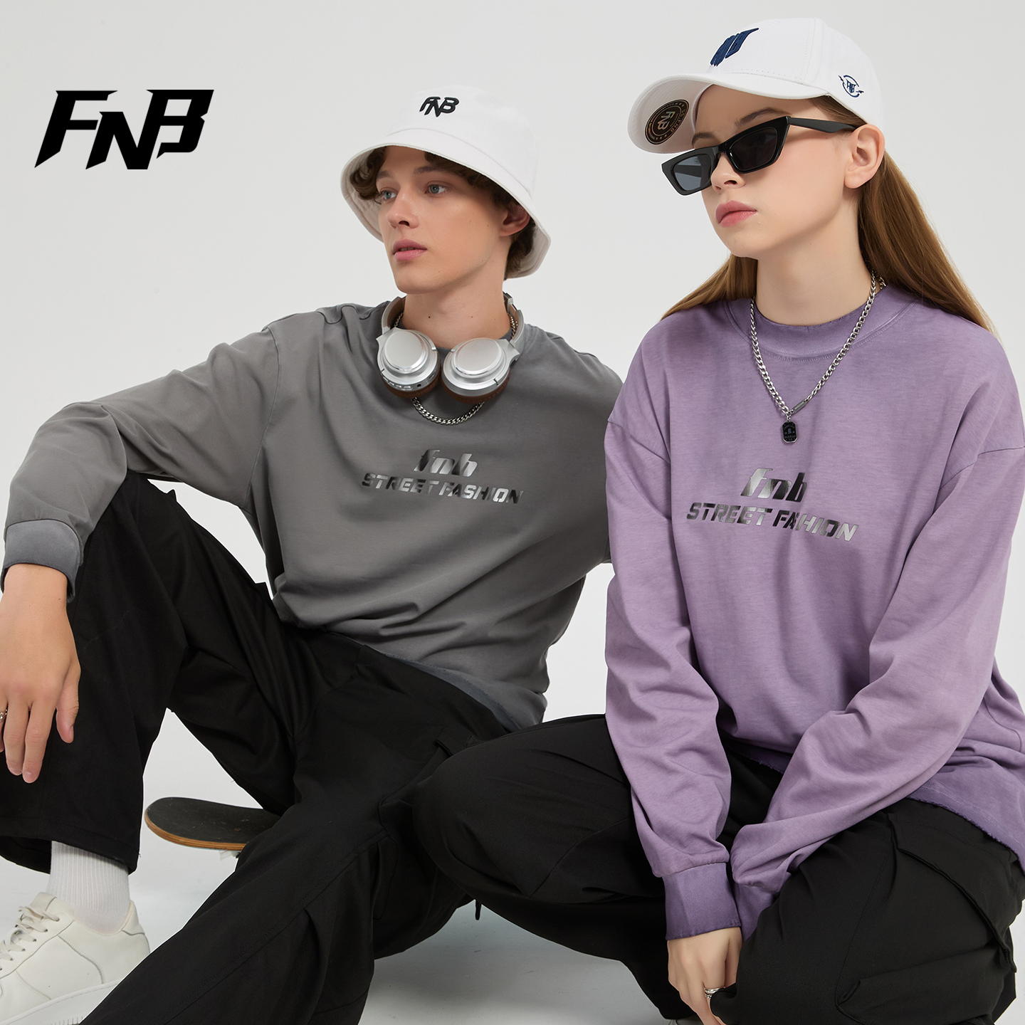 FNB美式潮牌长袖T恤男女同款2025秋季新款卫衣紫色百搭打底衫上衣 - 图0