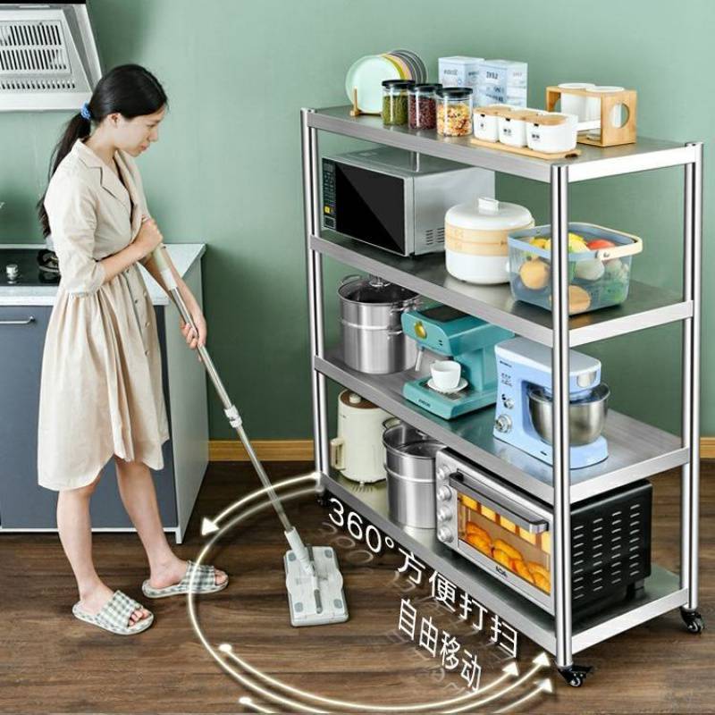 极速加厚带轮不锈钢厨房置物架微波炉架移动落地多层X储物收纳多 - 图0