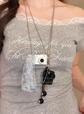 小心镜头！闪光相机吊坠项炼妇女的利基设计长吊带配件毛衣炼夏天