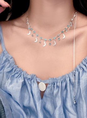 时尚的知识分子!蓝色锆新月流苏项炼妇女的可及的豪华利基高端锁